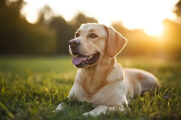 Happy dog enjoying a sunny afternoon in a green field with a warm glow