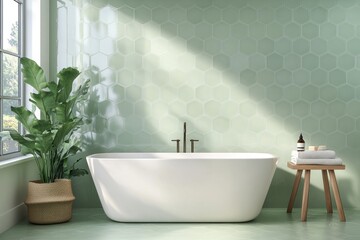 Fototapeta premium A modern bathroom with a bathtub and green hexagon tiles