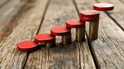 Ascending Red Discs on Wooden Surface: A Visual Metaphor for Growth and Progress