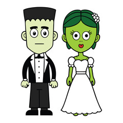 Frankenstein and his bride stand together, a haunting pair of stitched beings. She, with flowing hair, shares his eerie, misunderstood existence in a world of shadows.