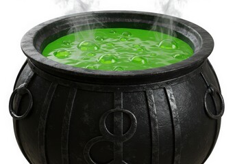A black cauldron filled with a bubbling green liquid and steam rising from the top of the pot