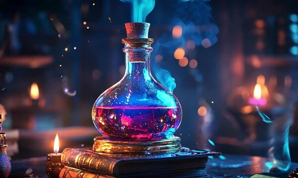 Colorful magical potion in a flask over ancient books.
