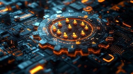 Futuristic Technology Concept with Circuit Board and Glowing Elements Showcasing Digital Innovation and Connectivity