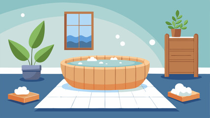 A serene bathroom with a wooden soaking tub a white pebble floor mat and a vase of fresh eucalyptus.