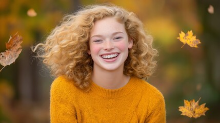 Fototapeta premium A young woman laughing joyfully in natural sunlight, standing in a park with autumn leaves falling around her, candid lifestyle moment, soft backlight, photorealistic.