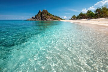 Fototapeta premium Tranquil turquoise waters meet a pristine white sand beach.