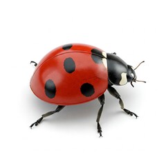 Close-up of ladybug beetle isolated on white background with black spots on red wings
