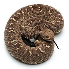 Fototapeta premium Rattlesnake isolated on white background with coiled body and venomous rattle visible 