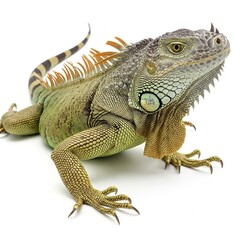 Obraz premium Iguana resting calmly on clean white background with detailed green patterned skin 