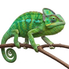 Fototapeta premium Chameleon with curled tail on white background showing vibrant textured skin 