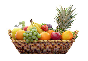 A basket filled with tropical fruits, such as pineapples, grapes, and oranges, on a transparent background