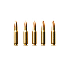 Five Rifle Cartridges in a Row Against Transparent Background