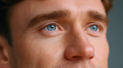 Obraz premium Close-up of a man's light blue eyes and nose, looking upward. Generative AI