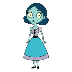 Zombie girl in a beautiful, tattered dress, blending eerie charm and haunting elegance, with pale skin, glowing eyes, and a twisted smile under moonlight.
