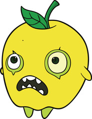 A creepy zombie-apple-lemon monster with rotting skin, sharp fangs, and glowing eyes—oozing citrus slime and thirsting for fruity brains in a twisted orchard of doom!
