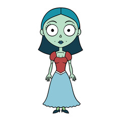 Fototapeta premium Zombie girl in a beautiful, tattered dress, blending eerie charm and haunting elegance, with pale skin, glowing eyes, and a twisted smile under moonlight.