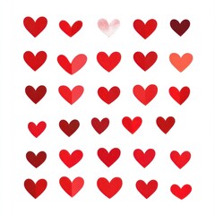 A collection of various sized and colored red hearts on white
