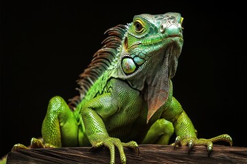 Fototapeta premium A vibrant green iguana resting on a piece of wood posing