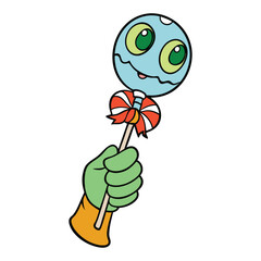 A creepy zombie hand rises from the ground, clutching colorful candies—mixing spooky and sweet in a fun Halloween-themed illustration.