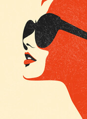 Fashionable charming brunette girl. Young beautiful fashion woman with sunglasses Abstract female face, contemporary design drawing in retro style placard, vector illustration 