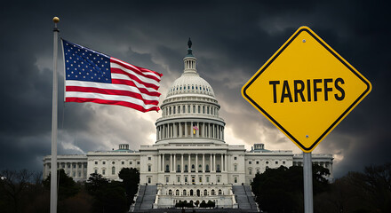  Tariff Warning Sign with Capitol and Flag in Political Storm Scene