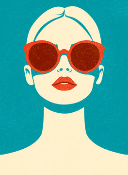 Fashionable charming brunette girl. Young beautiful fashion woman with sunglasses Abstract female face, contemporary design drawing in retro style placard, vector illustration 