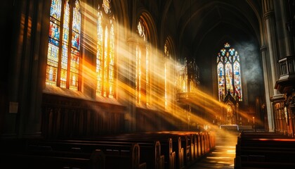 Naklejka premium Radiant light streams into a cathedral, illuminating stained glass windows.