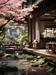 Fototapeta premium A serene japanese garden with cherry blossoms and traditional wooden architecture and a waterfall view