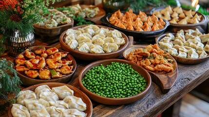 Delicious dumplings and appetizers buffet table catering food photography and presentation ideas for party 
