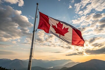 a majestic flag of canada waving proudly atop
