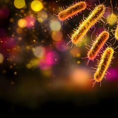 Fototapeta premium Glowing Microscopic Bacteria Against A Colorful Abstract Background With Soft Lights