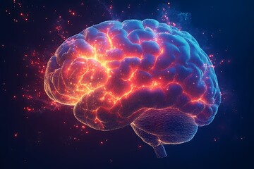 Fototapeta premium Glowing Human Brain Anatomy with Sparkles on a Dark Background, Neurology Concept