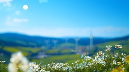 Scenic Meadow With Blooming Flowers Under A Clear Blue Sky And Windmills In The Background