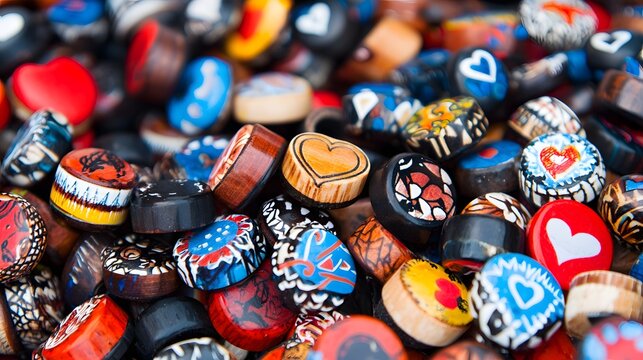 Collection of Colorful Decorative Wooden Crafts in Various Patterns Stacked Together