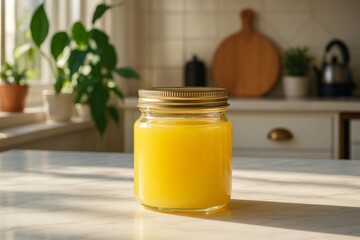 Jar of Ghee Clarified Butter on Kitchen Counter