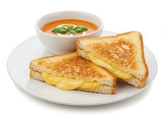 A plate with a grilled cheese sandwich cut in half and a bowl of tomato soup with basil garnish