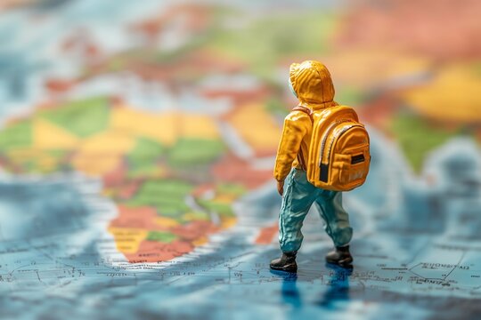 A tiny figurine wearing a yellow raincoat and backpack stands on a world map, looking towards the horizon.  It evokes a sense of adventure and wanderlust. Perfect for travel blogs and articles.
