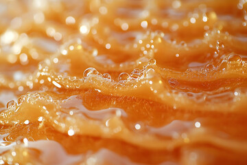 Close-up of shimmering amber liquid with bubbles and ripples, evoking freshness and vitality