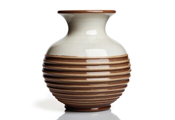 Elegant White and Brown Ceramic Vase with Horizontal Ridges Isolated