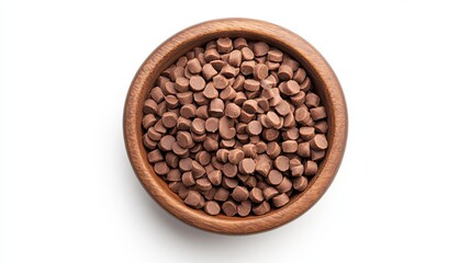 Fototapeta premium Chocolate chips in wooden bowl top view delicious baking ingredient sweet treat for desserts and snacks 