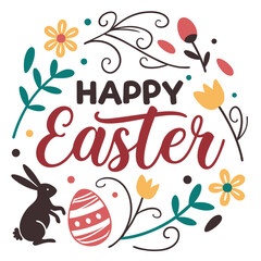 Vector Illustration of a Happy Easter Scene with Bunny, Decorated Eggs, and Spring Flowers Depicting Festive Holiday Spirit and Seasonal Celebration