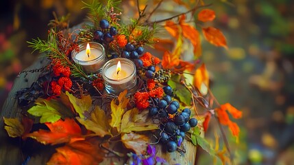 Autumn Decorative Arrangement of Candles Surrounded by Colorful Leaves and Berries in Nature