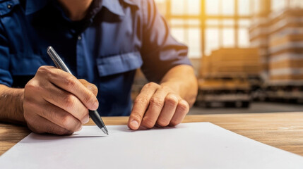 Tariff Trade War Concept, person in blue workwear is writing on blank sheet of paper, showcasing focus and determination