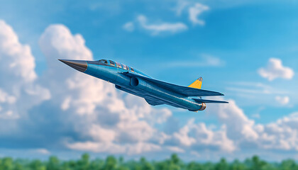 Blue jet aircraft soaring through a partly cloudy sky above green landscape. Generative AI