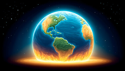 Obraz premium Burning Earth engulfed in flames against a dark space background. Generative AI