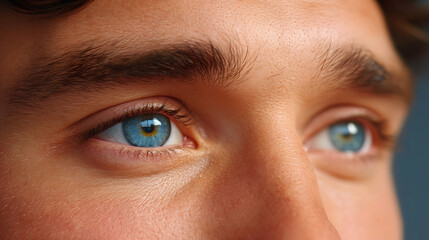 Fototapeta premium Close-up of a man's bright blue eyes, looking off to the side, illuminated by sunlight. Generative AI