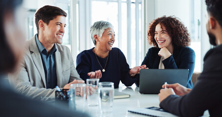 Laptop, business people and happy group planning, laughing and brainstorming sales project. Manager, computer and funny team with joke for collaboration, ideas and budget solution in office meeting