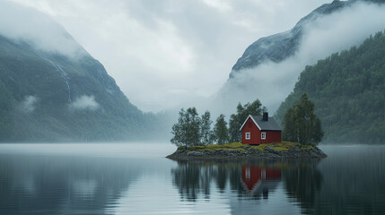 A serene red cabin nestled on a misty island, mirroring in tranquil waters surrounded by majestic mountains under a soft, cloudy sky.