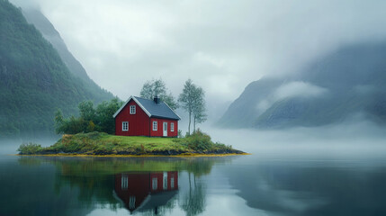 A serene red cabin nestled on a misty island, mirroring its tranquil beauty in the still waters of a fjord, surrounded by majestic mountains under a soft, gray sky.