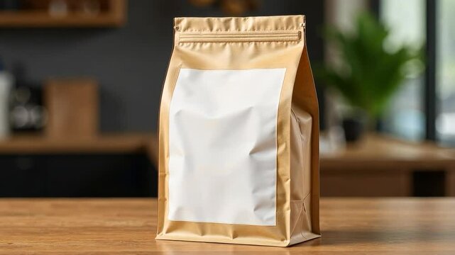 Golden brown blank stand-up pouch with white label on a wooden table, realistic photo style, kitchen background, concept of food packaging